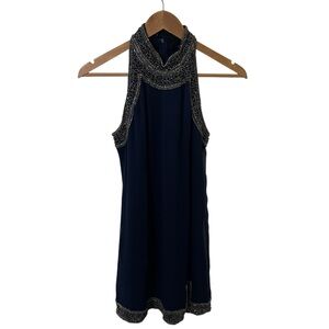 NBD Navy Blue Embellished Beaded Halter Mini Dress Size XS